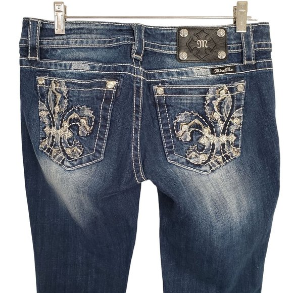Miss Me Womens Size 30 Jeans Fleur De Lis Flower Embellished Stretch Boot 33x32 - Picture 5 of 15